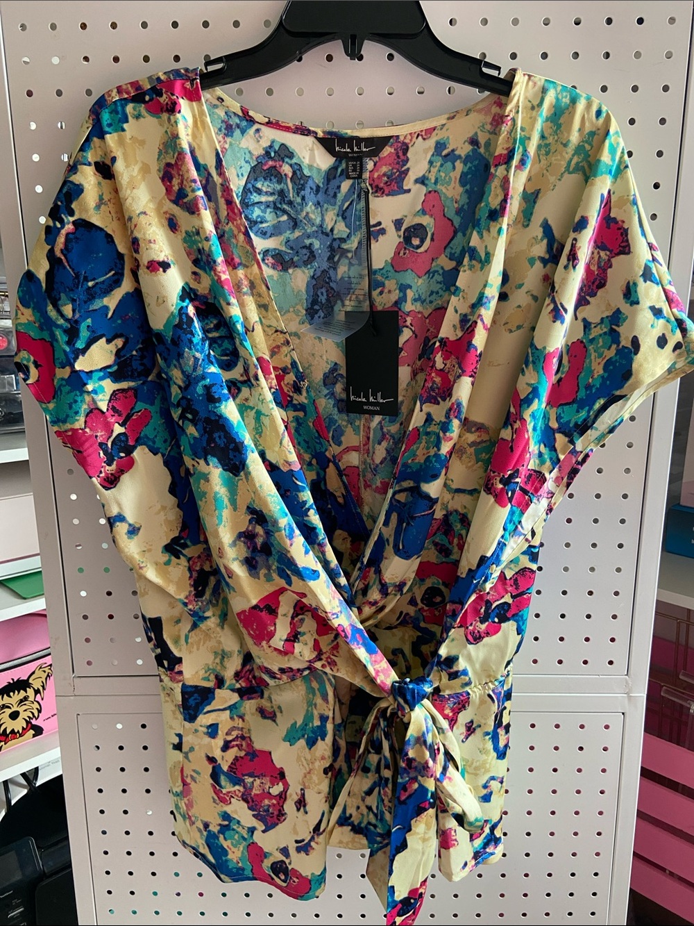 Nicole Miller butter yellow abstract Tie-Front Blouse with Blue & Pink Accents
